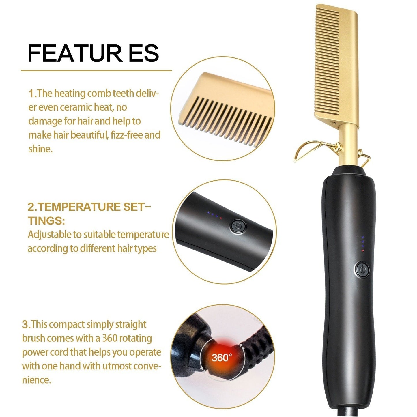 Elektrischer Haarglättungs-Kamm, Hair Straightening, Curling and Styling Hot Comb- mit Temperaturregelung - YLKgood